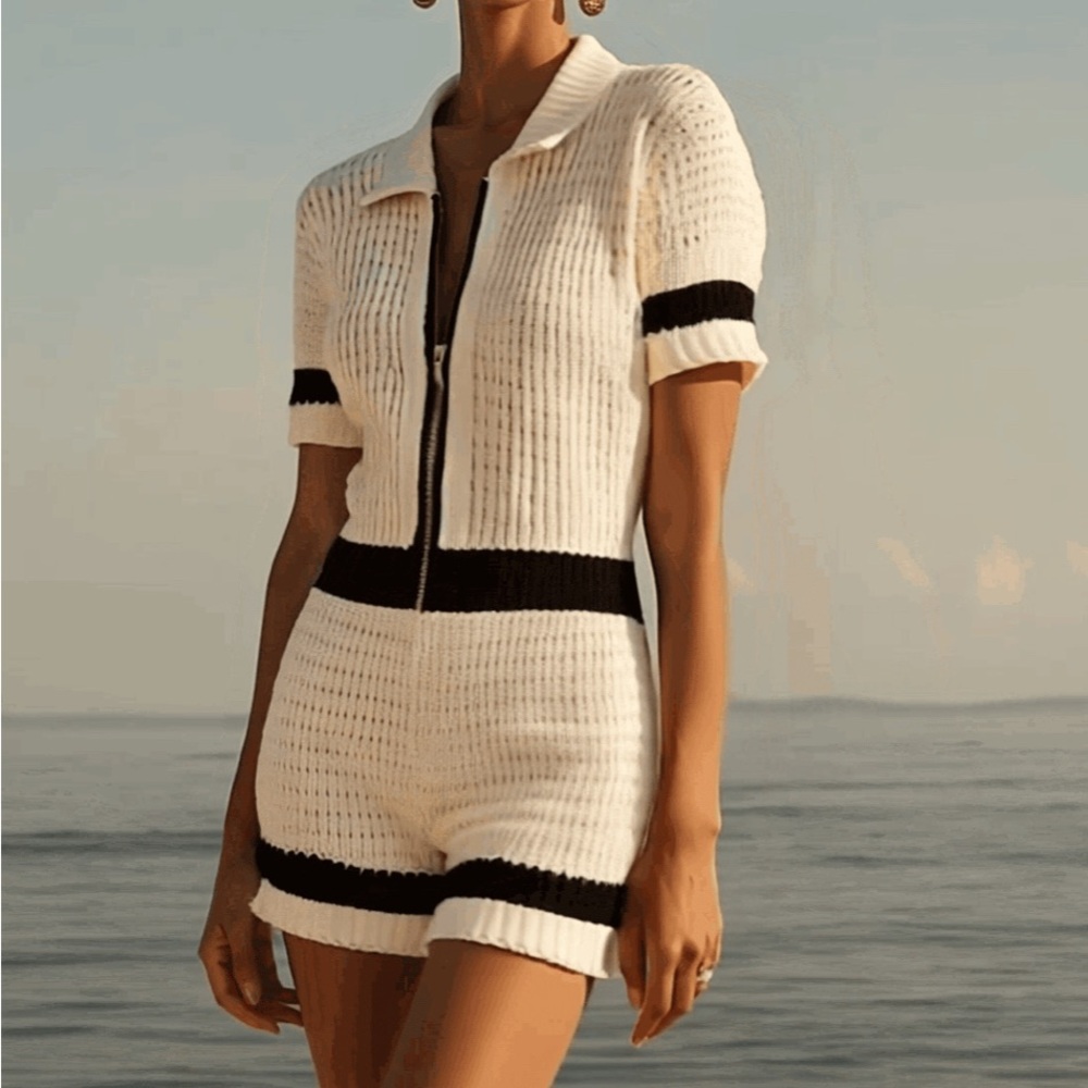Stylish White and Black Knit Jumpsuit